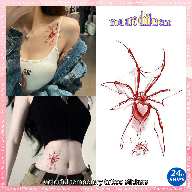 สติกเกอร์รอยสักชั่วคราว กันน้ํา ลายแมงมุม สีแดงเข้ม