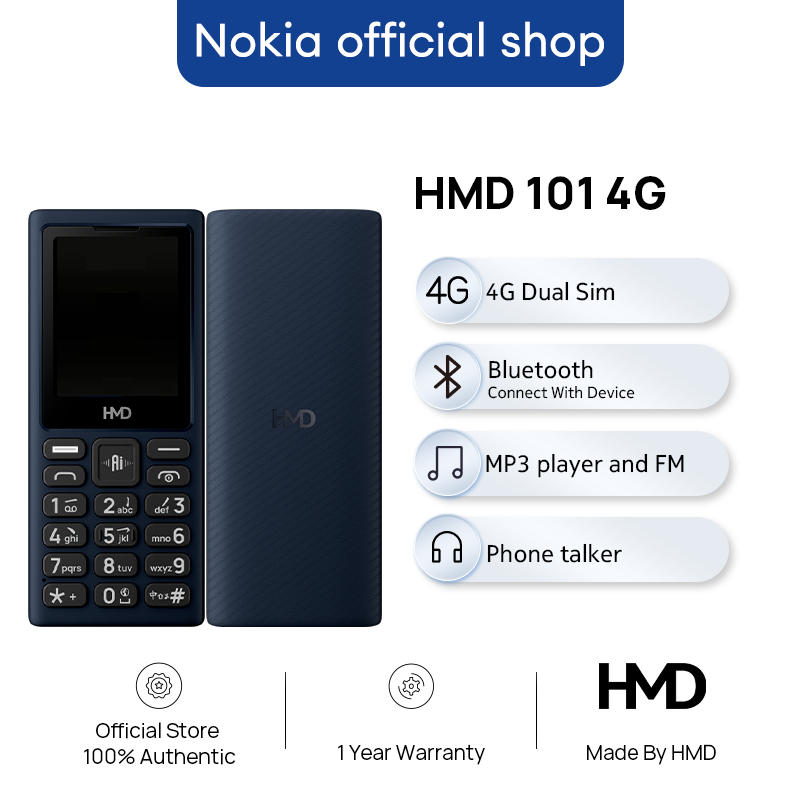 ใหม่ HMD 101 4G โทรศัพท์ปุ่มกดพื้นฐานพร้อมแอปคลาวด์ไฟฉาย LED คู่ MP3 Dual Sim รับประกัน 1 ปี 2 นิ้ว 1000 mAh