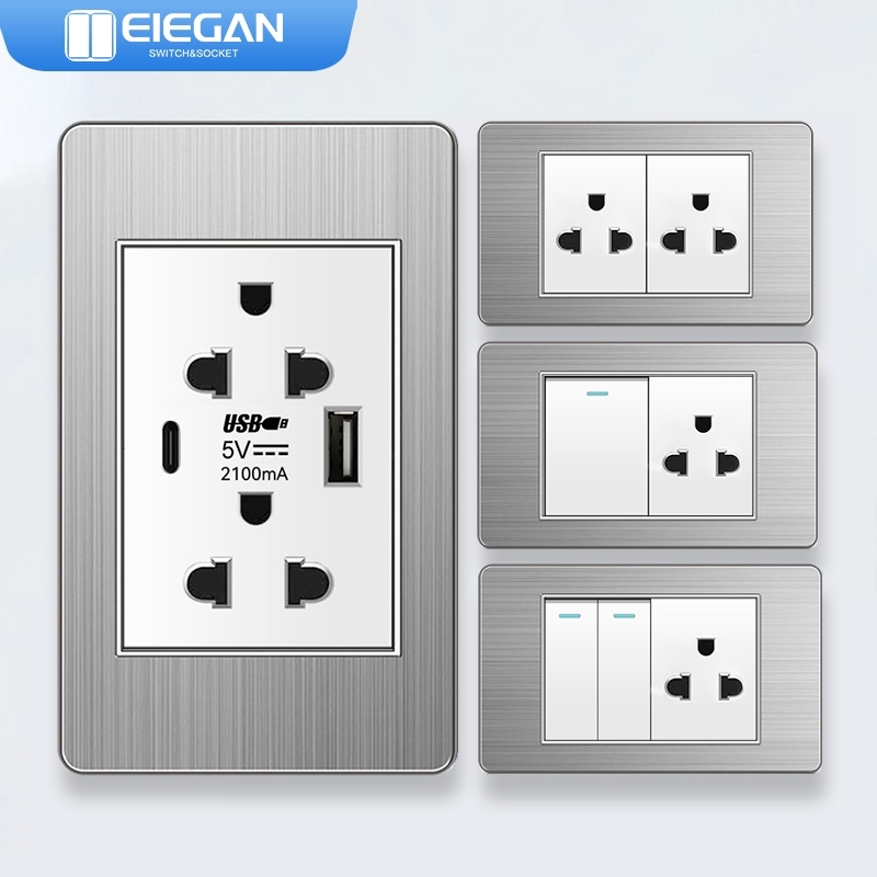 ELEGAN สวิตช์ผนังซ็อกเก็ตแผงวัสดุสแตนเลส-S18 สีขาว USB TYPE-C