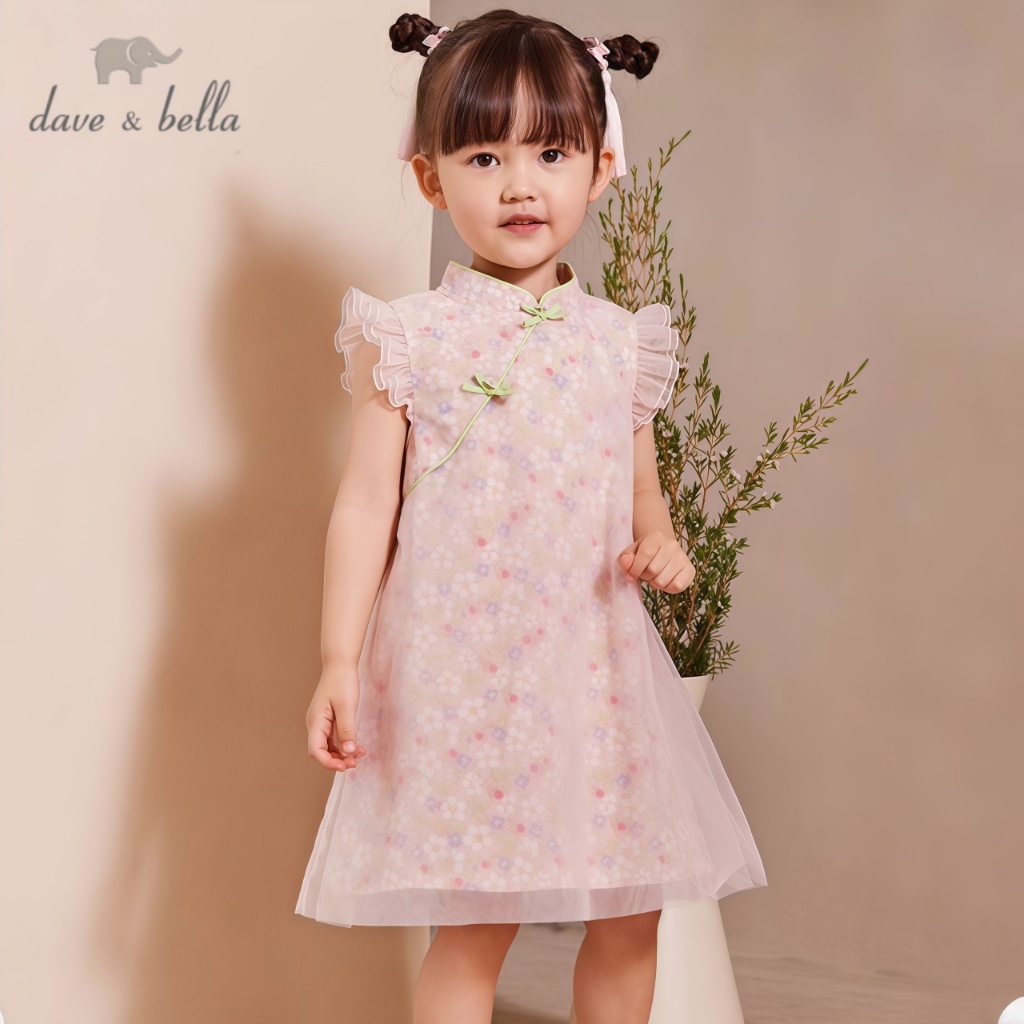 Dave Bella 2Y-9Y ชุดเดรสเด็กหญิง สีชมพูดอกไม้พิมพ์เด็กสาว cheongsam สไตล์ชุด small satchel DB2234762