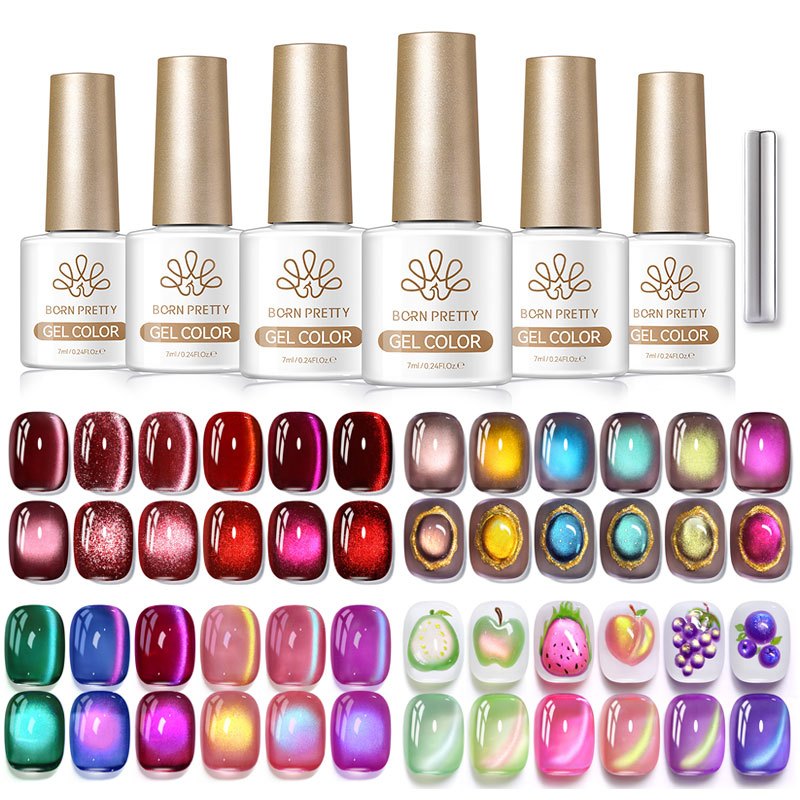 BORN PRETTY 6pcs Glitter Cat Eyes Magnetic Nail Gel Polish Set Holographic สะท้อนแสงกึ่งถาวร UV Gel Soak Off Sparkling Nail Art