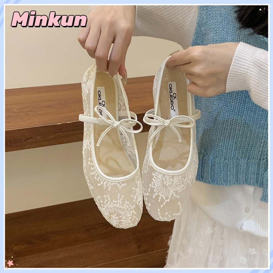 Minkun Mesh Mary Jane รองเท้าแตะส้นแบนหนังแท้ ดีไซน์เรียบหรู มีสไตล์