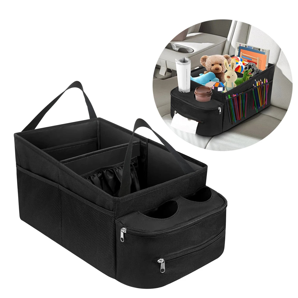Car Seat Organizer พร้อมที่จับพับเบาะหลัง กล่องเก็บของพับได้ในรถยนต์ออแกไนเซอร์ความจุขนาดใหญ่ ที่จัดระเบียบพร้อมที่วางแก้ว 2 อันในรถยนต์