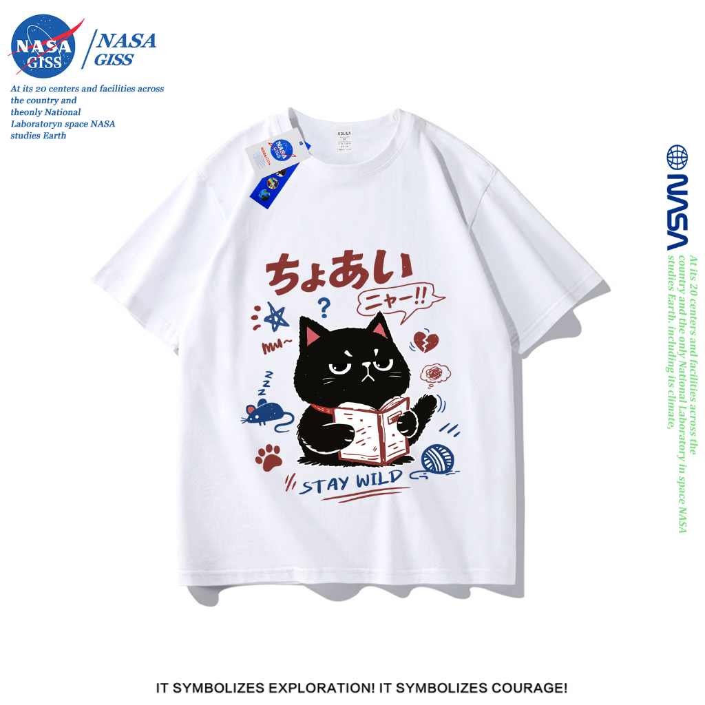 NASA เสื้อยืดชายหญิงแขนสั้น สไตล์ลำลอง summer แมวเรียนรู้ พิมพ์ลาย คอตตอน คอกลม หลวมและระบายอากาศ
