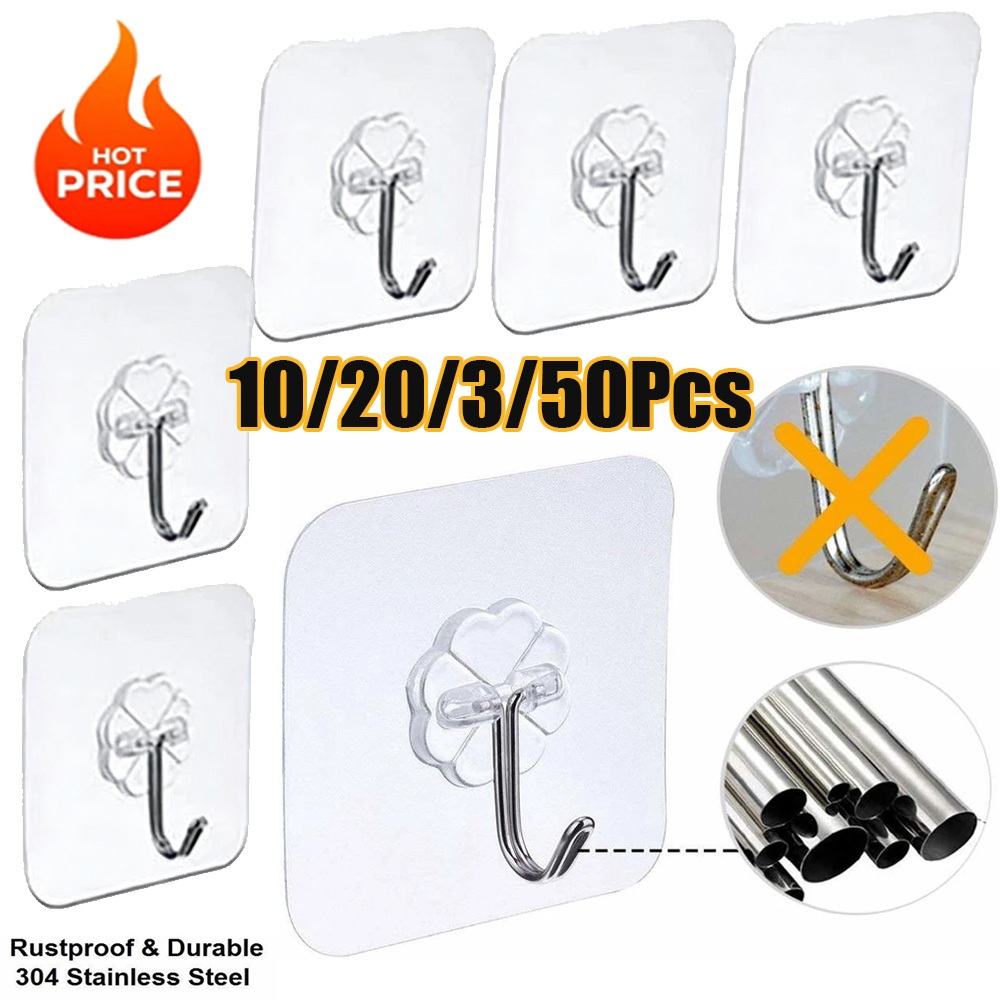 10/20/50 ชิ้นโปร่งใส Self-Adhesive Wall Hooks, Strong No-Drill Hangers สําหรับประตูและผนังห้องครัวห้องน้ํา