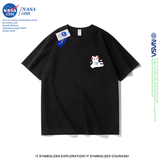 NASA เสื้อยืดชายหญิงแขนสั้น สไตล์ลำลอง summer แมวเพลง พิมพ์ลาย คอตตอน คอกลม หลวมและระบายอากาศ
