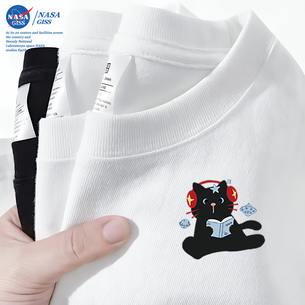 NASA เสื้อยืดชายหญิงแขนสั้น สไตล์ลำลอง summer แมวเพลง พิมพ์ลาย คอตตอน คอกลม หลวมและระบายอากาศ