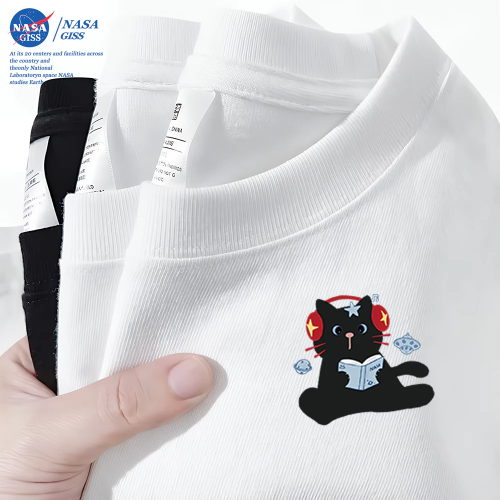 NASA เสื้อยืดชายหญิงแขนสั้น สไตล์ลำลอง summer แมวเพลง พิมพ์ลาย คอตตอน คอกลม หลวมและระบายอากาศ