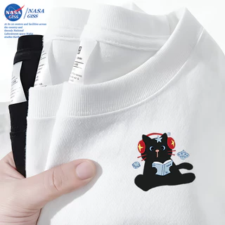 NASA เสื้อยืดชายหญิงแขนสั้น สไตล์ลำลอง summer แมวเพลง พิมพ์ลาย คอตตอน คอกลม หลวมและระบายอากาศ