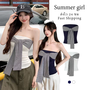 💖Summer Girl💖เสื้อเกาะอกผู้หญิง ดีไซน์เชื่อกผูกหน้าอก สีพื้น แขนกุด เสื้อครอปทรงรัดรูป เซ็กซี่แฟชั่นY2K สไตล์อเมริกัน