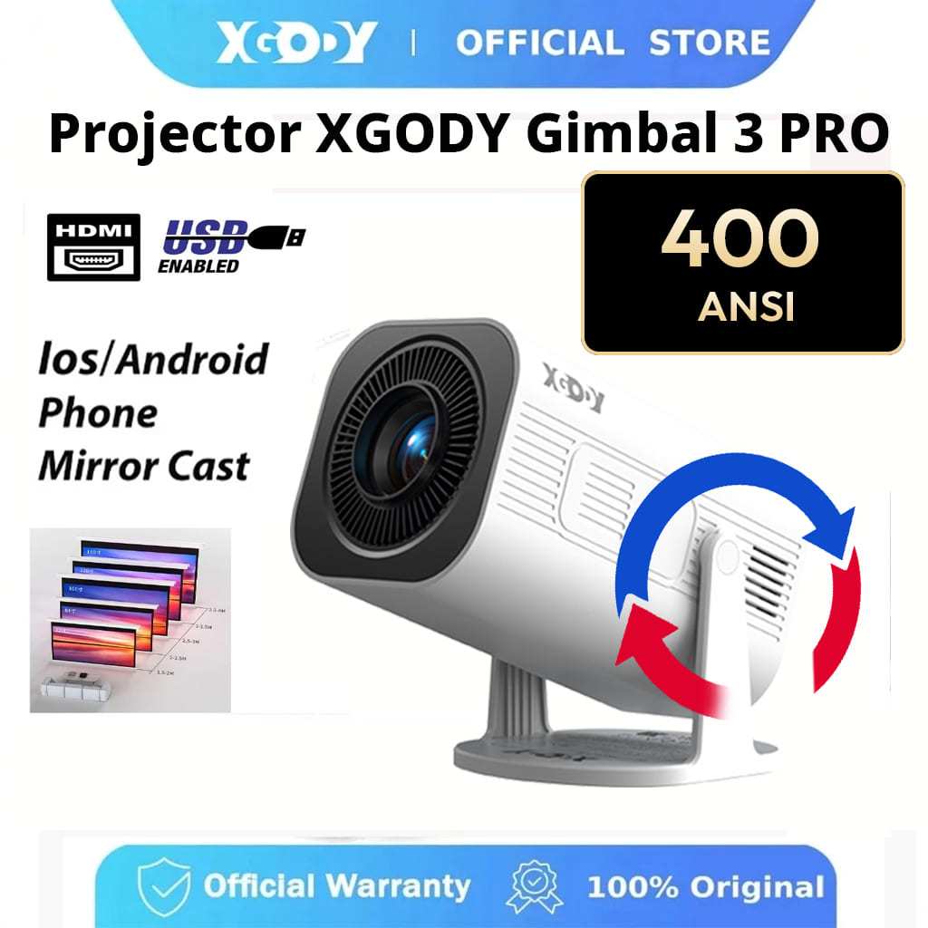 XGODY Gimbal 3 PRO โปรเจคเตอร์ 400 ANSI 1080P ระบบ Android 11 อัจฉริยะ ดาวน์โหลดติดตั้ง APK ได้ มินิ