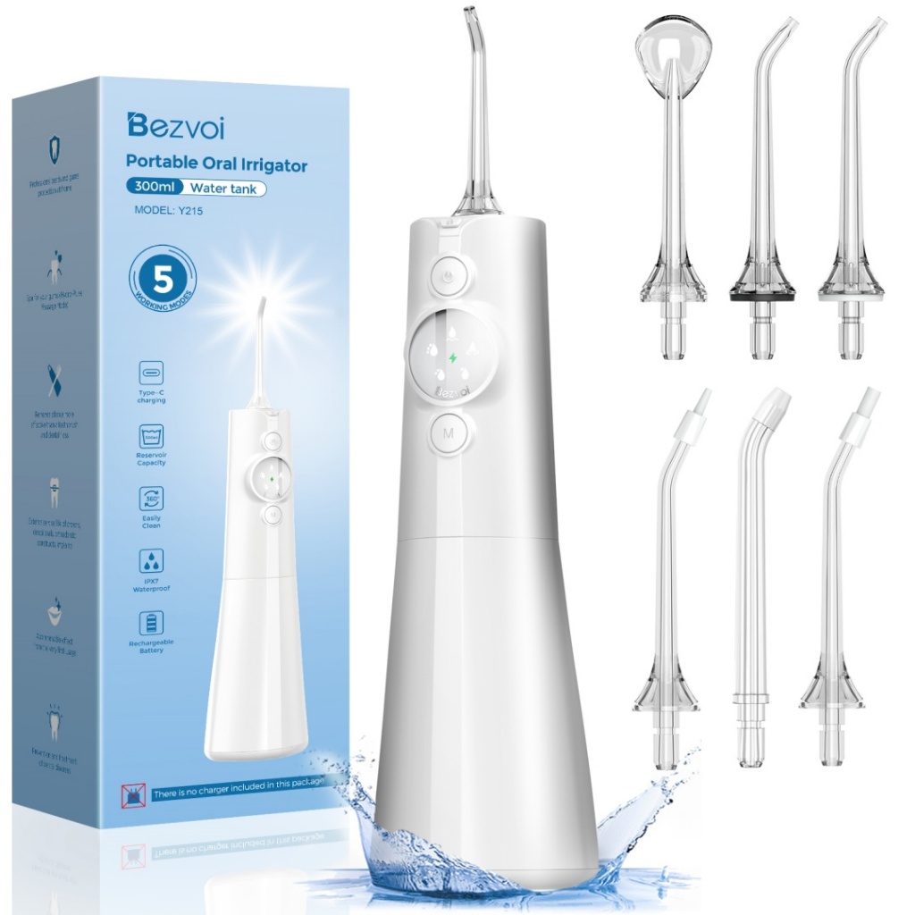 Bezvoi Y215 Flosser น้ําฟัน Pick: 300ML & จอแสดงผล LED 5 โหมดไหมขัดฟันแบบชาร์จไฟได้สําหรับจัดฟัน,เหงือกที่ละเอียดอ่อน,ไหมขัดฟันแบบพกพาสําหรับทําความสะอาดฟันสําหรับใช้ในบ้านเดินทาง