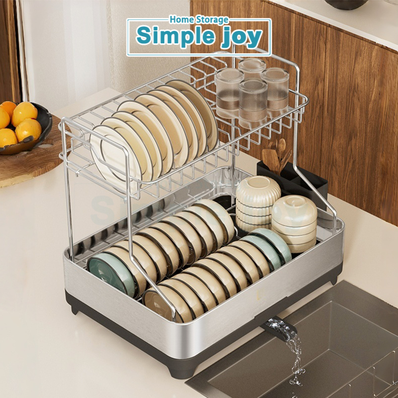 SimpleJoy ชั้นวางจานสแตนเลส 2 ชั้น สำหรับเคาน์เตอร์ครัว พร้อมที่ใส่ช้อนส้อม จาน และชาม
