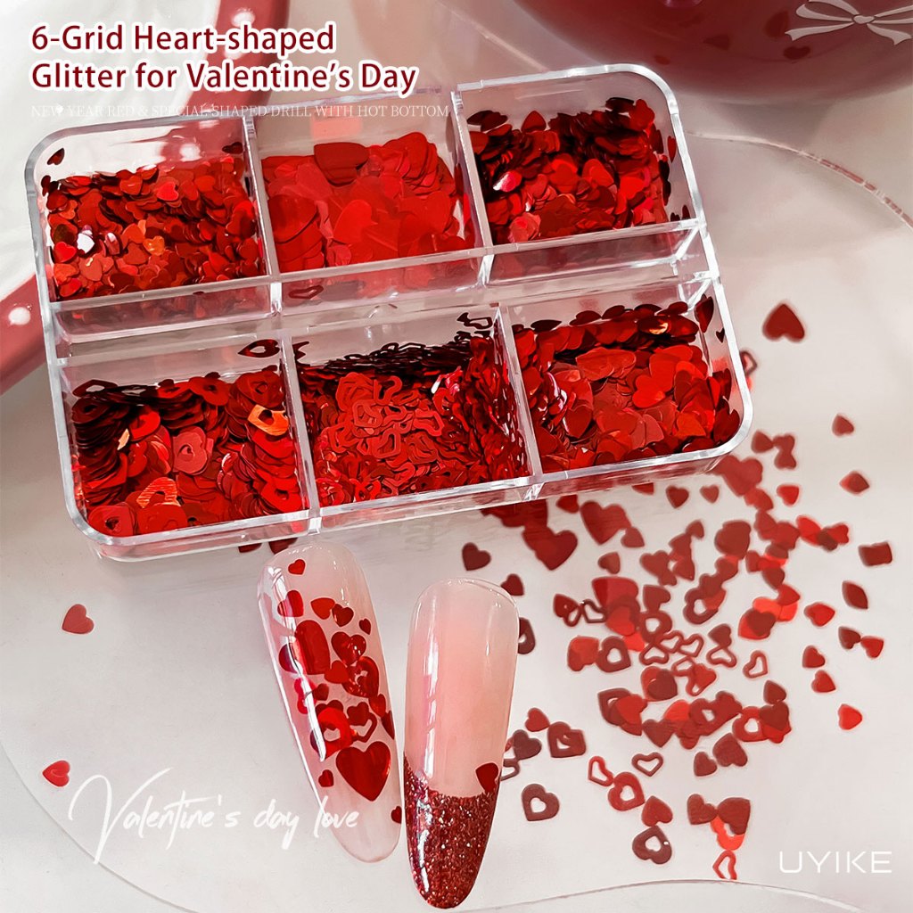 UYIKE 6-Grid เลื่อมรูปหัวใจสีแดง, วันวาเลนไทน์ Boxed Hollow Heart Glitter ตกแต่งเล็บ