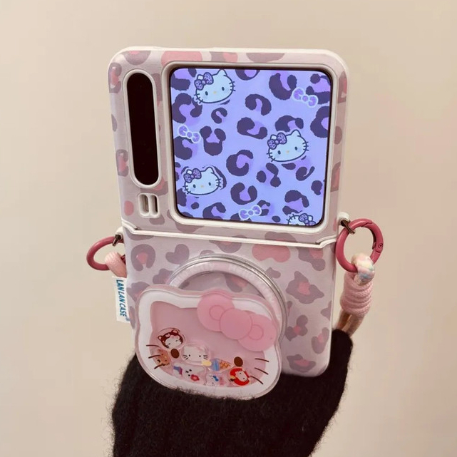 สีชมพูสีม่วงรูปแบบเสือดาวสําหรับ Samsung Galaxy z flip 7 z flip6 zflip5 เคสโทรศัพท์ kawaii 3d hello 
