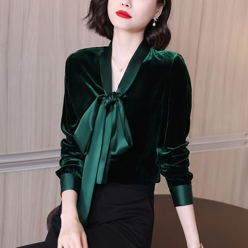 สไตล์เกาหลีผู้หญิงสุภาพสตรีหลวมกํามะหยี่เสื้อแขนยาวเสื้อ Baju Wanita Lengan Panjang ใหม่