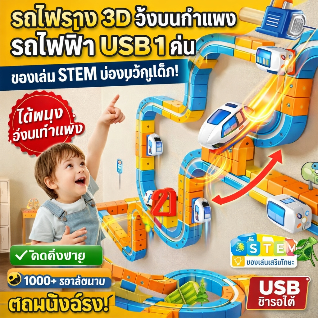 รถไฟราง 3D รถรางแอนตี้แรงโน้มถ่วง ไต่ผนัง วิ่งบนกำแพง รถไฟฟ้า USB 1 คัน ต่อรางได้หลายแบบ ของเล่น STEM ของขวัญเด็ก