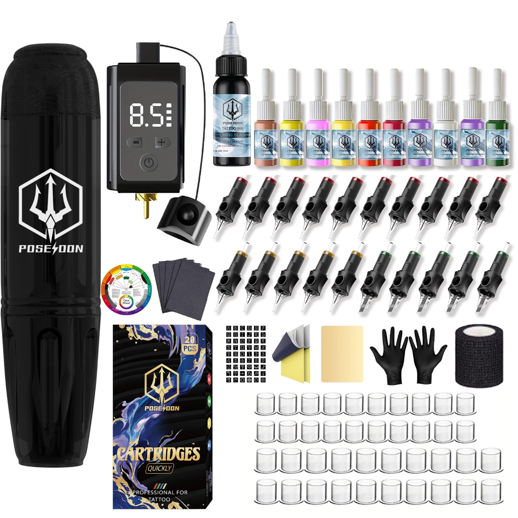 POSEIDON Tattoo Pen Kit- เครื่องสักพร้อมตลับเข็มสัก 20 ชิ้นและแหล่งจ่ายไฟไร้สายอุปกรณ์สักสําหรับผู้เริ่มต้นและศิลปิน