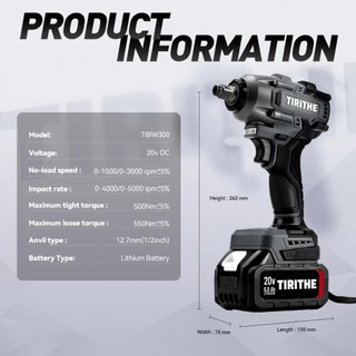 TIRITHE Wrench ประแจผลกระทบ 20V ประแจไร้แปรงถ่าน 500NM พร้อมแบตเตอรี่ 2 ก้อน