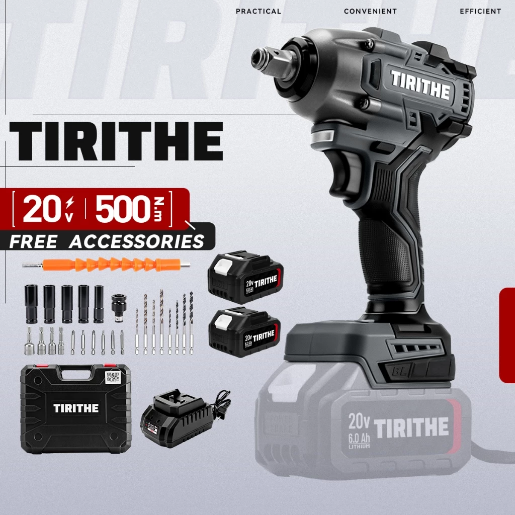 TIRITHE Wrench ประแจผลกระทบ 20V ประแจไร้แปรงถ่าน 500NM พร้อมแบตเตอรี่ 2 ก้อน