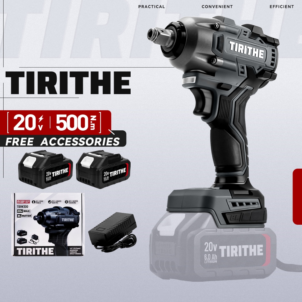 TIRITHE ประแจผลกระทบไร้สาย ประแจไร้แปรงถ่าน 500NM พร้อมแบตเตอรี่ 2 ก้อน