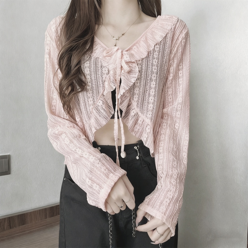 เสื้อคาร์ดิแกนลูกไม้สั้นสำหรับผู้หญิง พร้อมผ้าคลุมไหล่บางเบา สไตล์กันแดด - รูปที่ 5