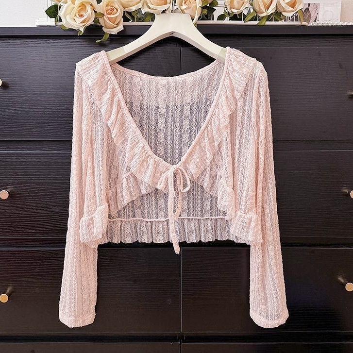 เสื้อคาร์ดิแกนลูกไม้สั้นสำหรับผู้หญิง พร้อมผ้าคลุมไหล่บางเบา สไตล์กันแดด - รูปที่ 6