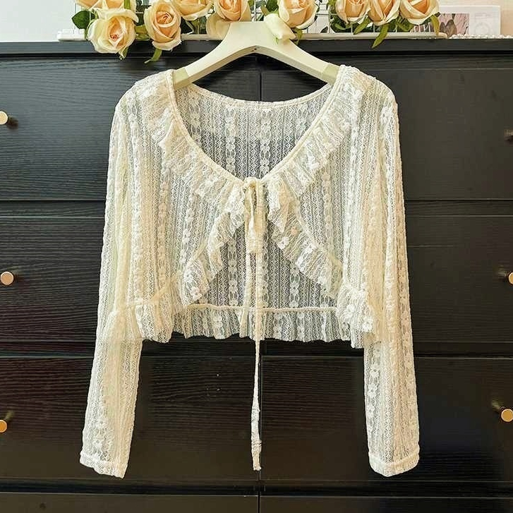 เสื้อคาร์ดิแกนลูกไม้สั้นสำหรับผู้หญิง พร้อมผ้าคลุมไหล่บางเบา สไตล์กันแดด - รูปที่ 7