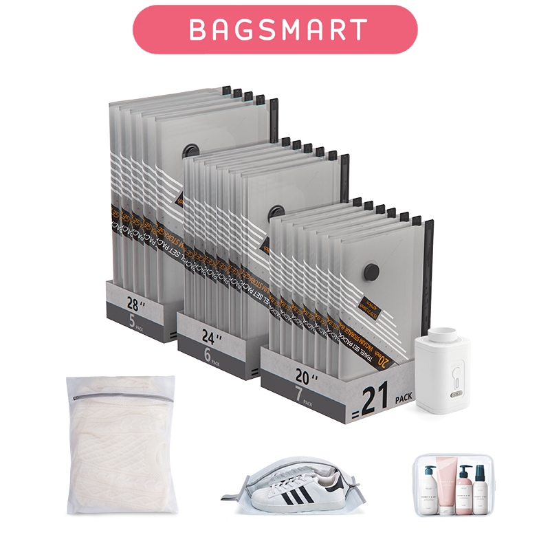 BAGSMART ชุดกระเป๋าเก็บข้อมูลเดินทางแบบปั๊มไร้สายแบบชาร์จไฟได้, กระเป๋าประหยัดพื้นที่แบบพกพา 21 ชุดสำหรับการเดินทางและบ้าน, กระเป๋าซีลสูญญากาศสำหรับเสื้อผ้