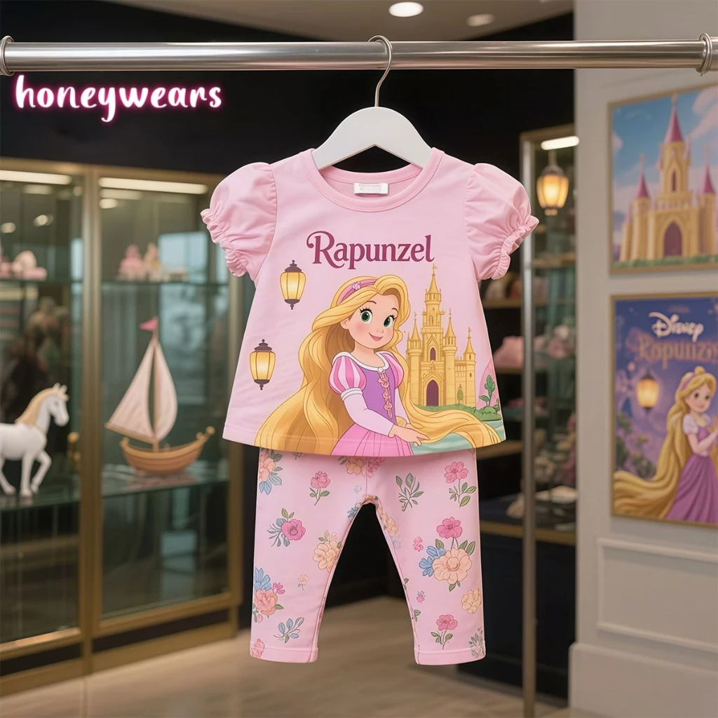 honeywears⚡พร้อมส่ง⚡ชุดเซ็ทเด็กน่ารัก ชุดดิสนี่ เสื้อยืดแขนสั้น+กางเกงขายาว พิมพ์ลายเจ้าหญิงการ์ตูนน่ารัก ผ้ายืด เนื้อนุ่ม เหมาะสำหรับเด็กหญิง ไซส์ 110-150