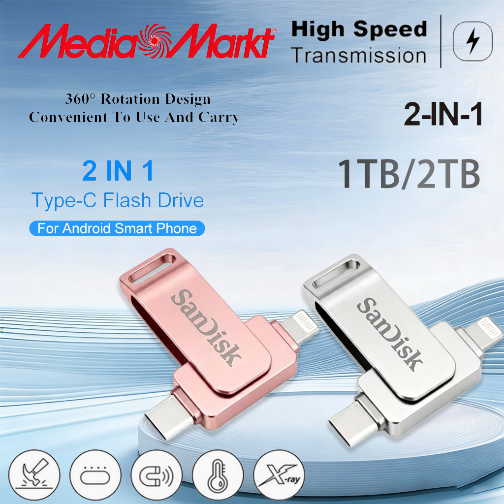 Type-C 2 in 1 S­a­n­d­i­s­k­ โทรศัพท์มือถือ U DiskFlash Drive Dual Drive Flash Memory USB 3.0 ความเร็วสูง Memory Stick 64GB/1TB/2TB OTG แฟลชไดรฟ์โลหะกันน้ําแบบพกพา
