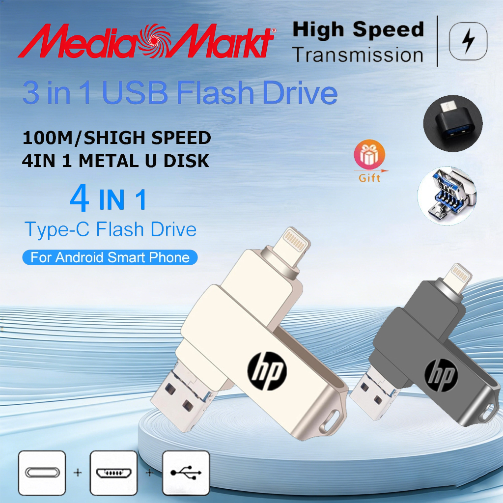 Hp แฟลชไดรฟ์ Usb 3.0 1TB/2TB 3 in 1 OTG โลหะ กันน้ํา ความเร็วสูง สําหรับ U Disk Pendrive สําหรับUSB3.0 4 in 1 OTG Typecแฟลชไดรฟ์ pendrive โทรศัพท์มือถือ แฟลชไดรฟ์โลหะ กันน้ํา ความเร็วสูง 2TB/1TB U Disk Pendrive สําหรับ  อุปกรณ์จัดเก็บข้อมูลภา