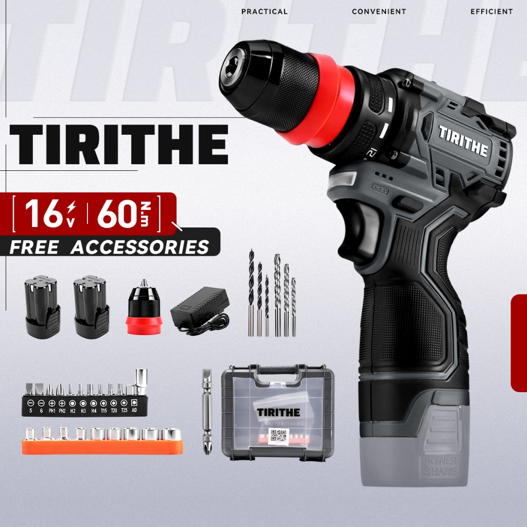TIRITHE สว่านกระแทกไร้สายไร้แปรงถ่าน 10mm&Driver