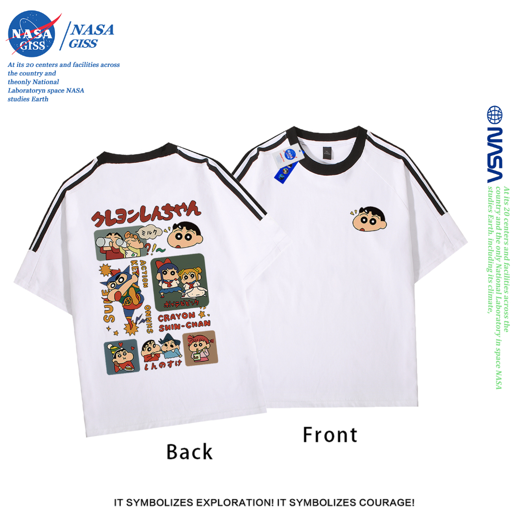 NASA เสื้อยืดสามแถบชายหญิง oversize แขนสั้น สไตล์ลำลอง summer เครยอนชินจัง คอตตอน100% คอกลม หลวมและระบายอากาศ