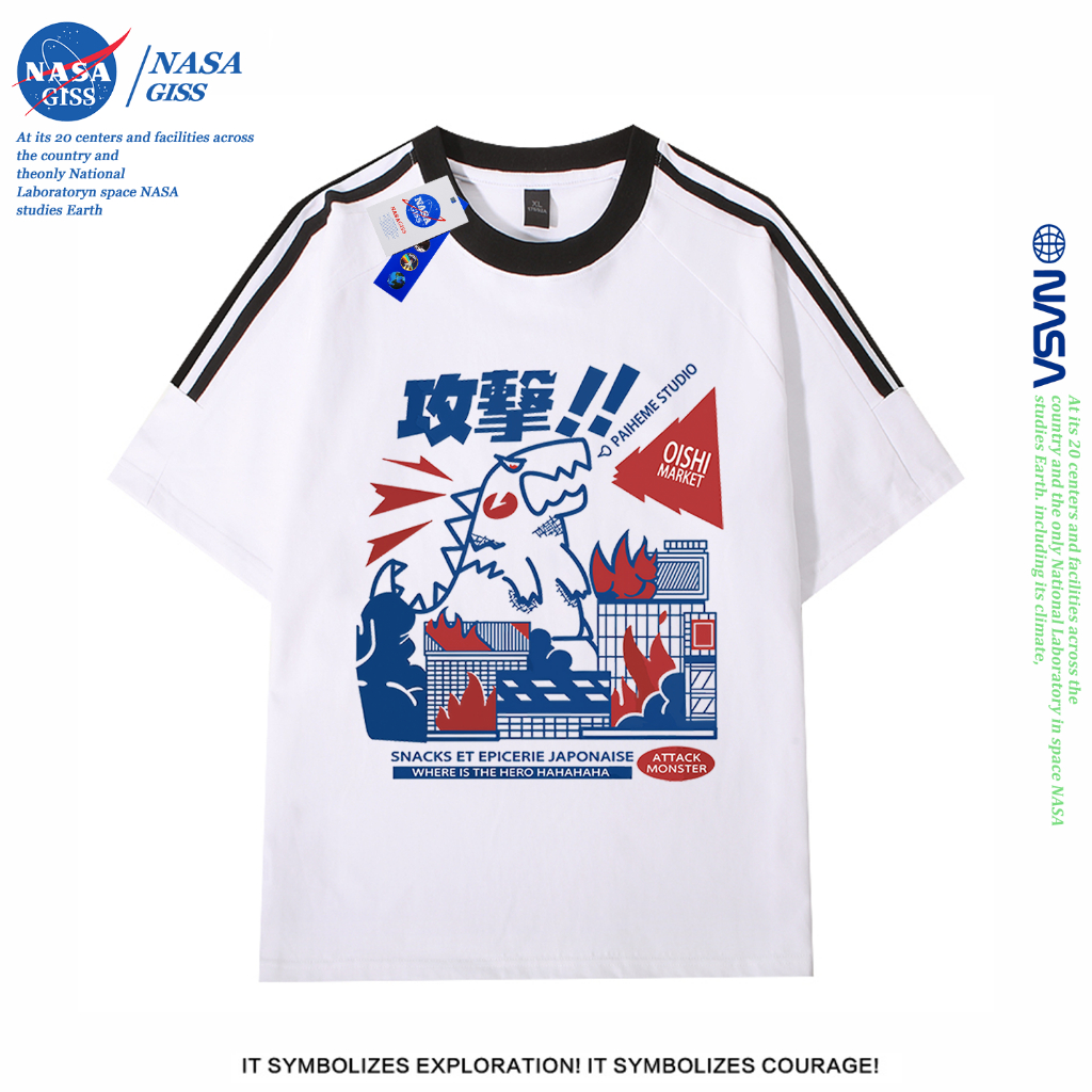 NASA เสื้อยืดสามแถบชายหญิง oversize แขนสั้น สไตล์ลำลอง summer สัตว์ประหลาด คอตตอน100% คอกลม หลวมและระบายอากาศ
