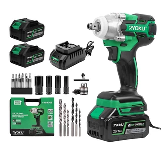 RYOKU สว่านกระแทกไร้สาย 20v ไร้แปรงถ่าน 2.6Ah พร้อมแบตเตอรี่ 2 ก้อน และเครื่องชาร์จ 1 อัน