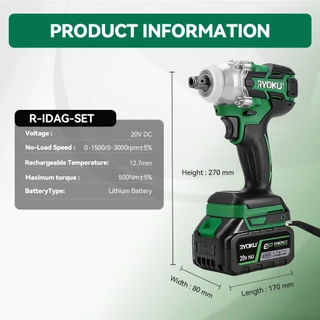 RYOKU สว่านกระแทกไร้สาย 20v ไร้แปรงถ่าน 2.6Ah พร้อมแบตเตอรี่ 2 ก้อน และเครื่องชาร์จ 1 อัน