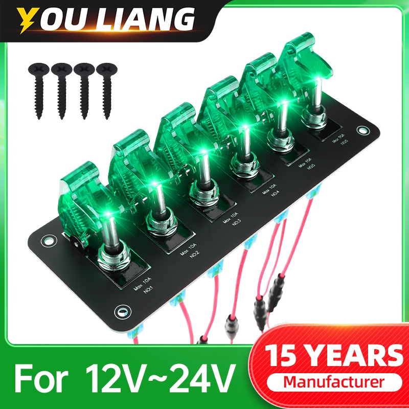 12V 6 Gang Toggle Rocker แผงสวิตช์กันน้ําไฟ LED สีเขียวพร้อมฝาครอบพลิก Heavy-Duty บน/ปิดแผ่นสําหรับยานยนต์รถ Marine เรือรถบรรทุก