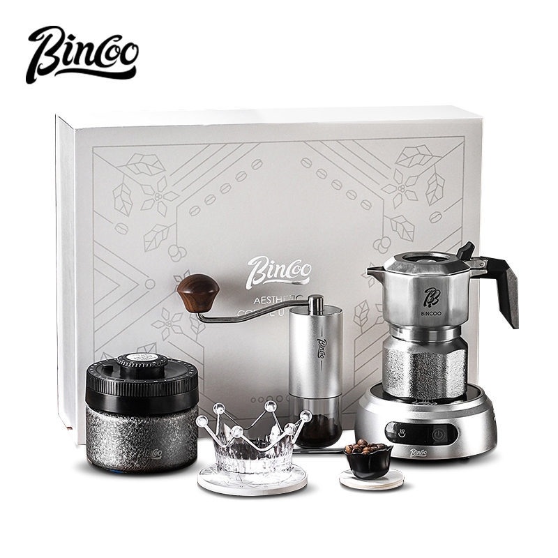 BINCOO Three-Valve 316 Stainless Steel Moka Pot Gift Set Coffee Moka Pot with Crush Set Ideal Gift f