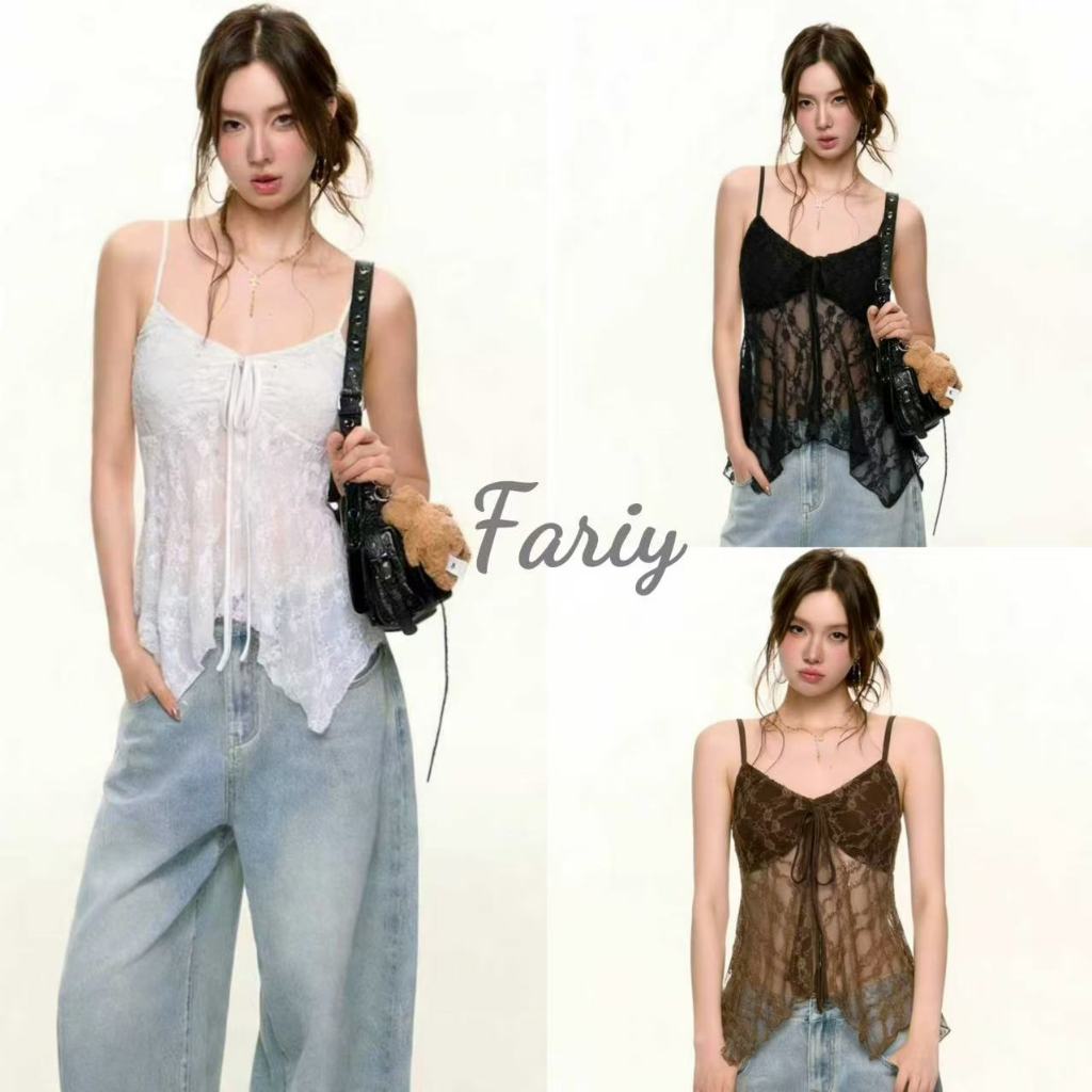 Fariy🍒คลังสินค้าพร้อม🍒 เสื้อสายเดี่ยวผ้าลูกไม้โปร่งบางเบา ดีไซน์โบว์ผูก ทรงเอไลน์หวานใสชวนหลงใหล