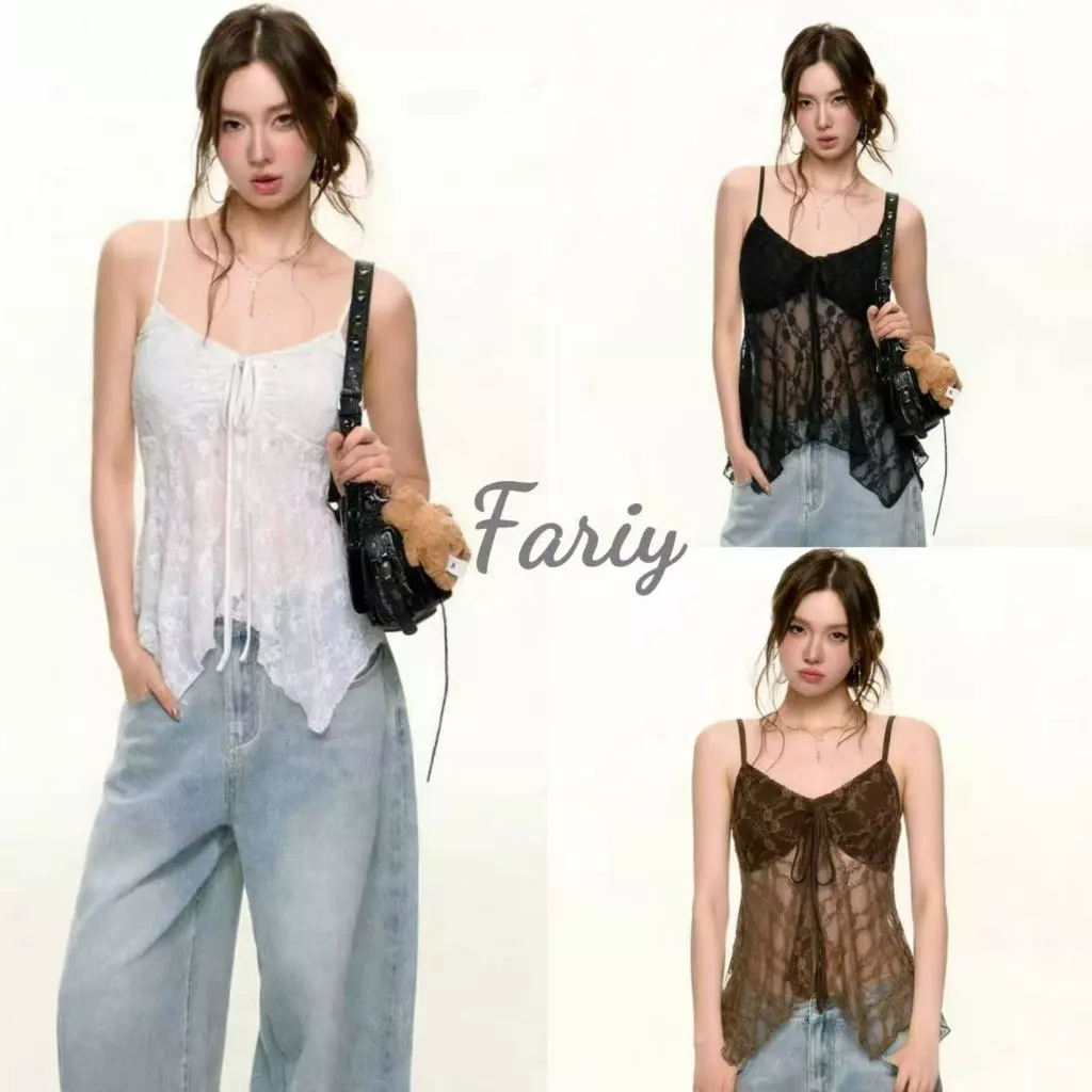 Fariy🍒คลังสินค้าพร้อม🍒 เสื้อสายเดี่ยวผ้าลูกไม้โปร่งบางเบา ดีไซน์โบว์ผูก ทรงเอไลน์หวานใสชวนหลงใหล