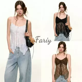 Fariy🍒คลังสินค้าพร้อม🍒 เสื้อสายเดี่ยวผ้าลูกไม้โปร่งบางเบา ดีไซน์โบว์ผูก ทรงเอไลน์หวานใสชวนหลงใหล