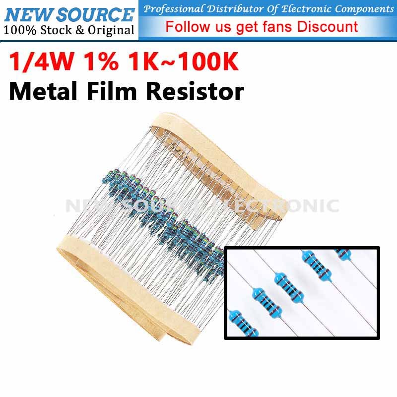 [100 ชิ้น] ตัวต้านทานฟิล์มโลหะ 1/4W 1% 1K  100K 2K 2.2K 4.7K 5.1K 10K 15K 20K 68K 82K Ohm Resistance แหล่งใหม่