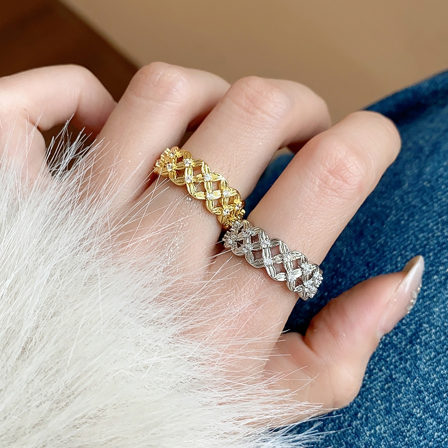 แหวน Hollow Braided Design Zircon Pave โทนทองเงิน สำหรับสไตล์วันdailyและparty