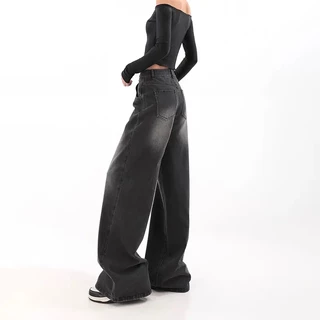 กางเกงยีนส์ขาตรงเอวสูงแบบหลวมสไตล์เรโทรทันสมัย แมตช์ได้ทุกลุค