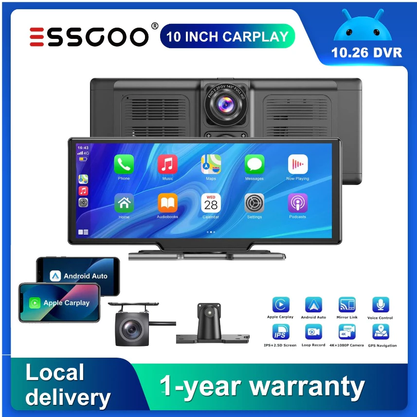 ESSGOO 10.26 รถไร้สายขนาด นิ้วและ Android Auto Bluetooth/WIFI/กล้องคู่/การเล่นวิดีโอ/YouTube Music Playback/Screen Sharing/Bluetooth, FM, AUX