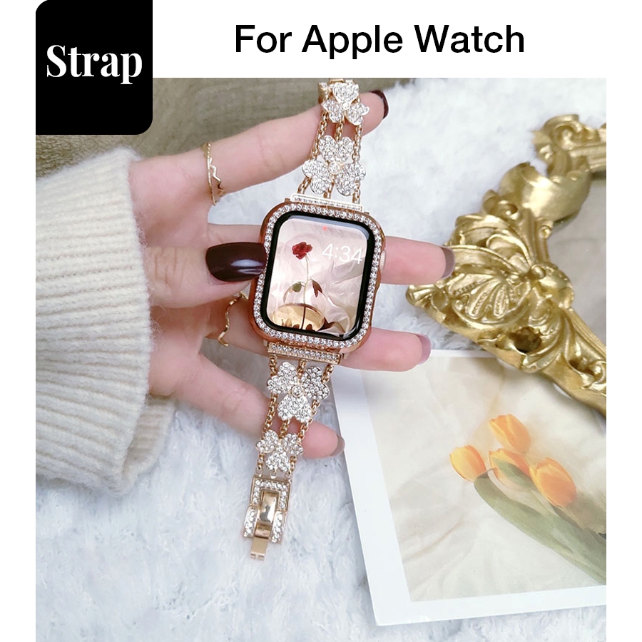 สร้อยข้อมือโลหะประดับเพชร Clover สำหรับผู้หญิง Apple Watch SE3 S9 S8 SE S7 S6 38/42/40/44 มม.41 มม.45 มม.Iwatch Band