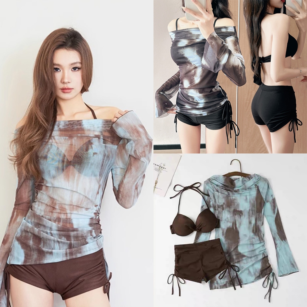 ผู้หญิง Café tone ชุดว่ายน้ํา 3 ชิ้น Set: เซ็กซี่เสื้อเบลาส์ตาข่าย บิกินี่  Flattering Beach & Pool Style