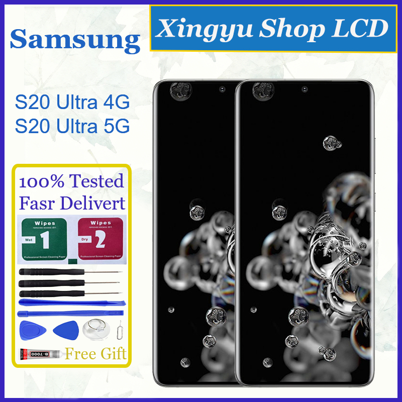 Original AMOLED สําหรับ Samsung Galaxy S20 Ultra 4G 5G จอแสดงผล LCD หน้าจอสัมผัสพร้อมการเปลี่ยนกรอบ