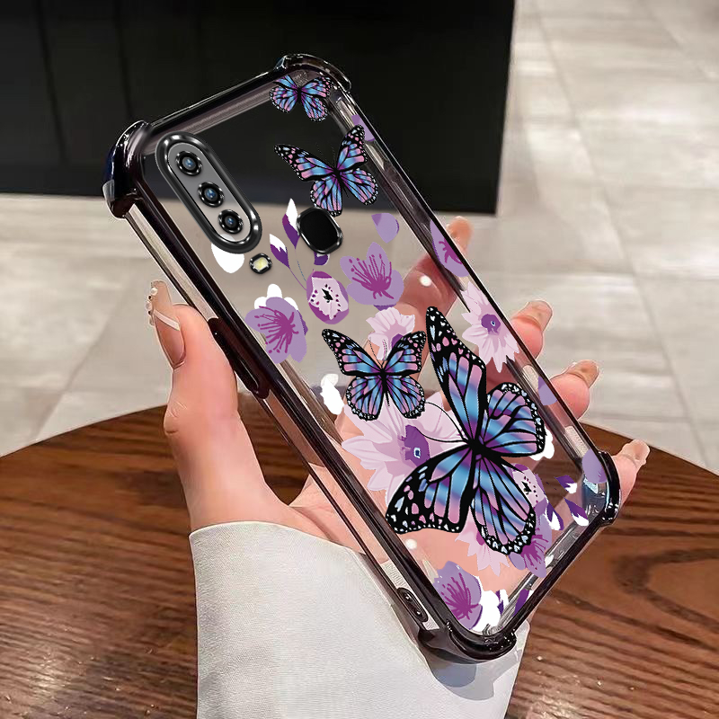 Vivo V2254 V2206 V2207 V2203 1935 1938 1901 1902 1904 1906 Full Clear Mobile Case ผีเสื้อดอกไม้คริสต